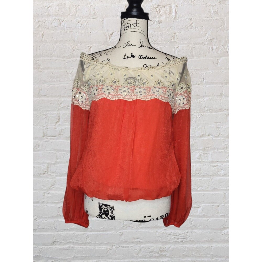 Ryu Off Shoulder Orange Blouse MED Lace Rhinestone Bubble Hem Boho
